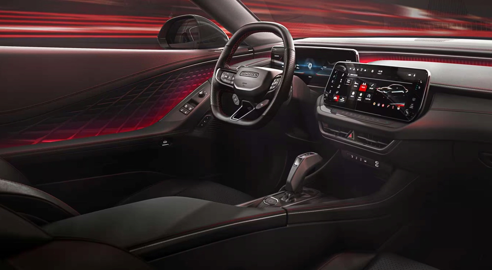 The view from the passenger's seat of the 
cabin of a 2025 Dodge Charger.