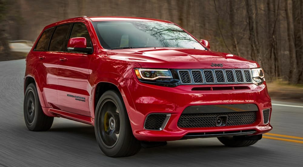 A red 2020 Jeep Grand Cherokee Trackhawk.