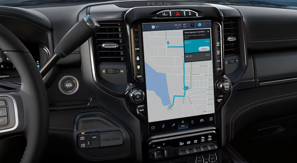 Close-up of the infotainment screen in a 2024 Ram 1500.