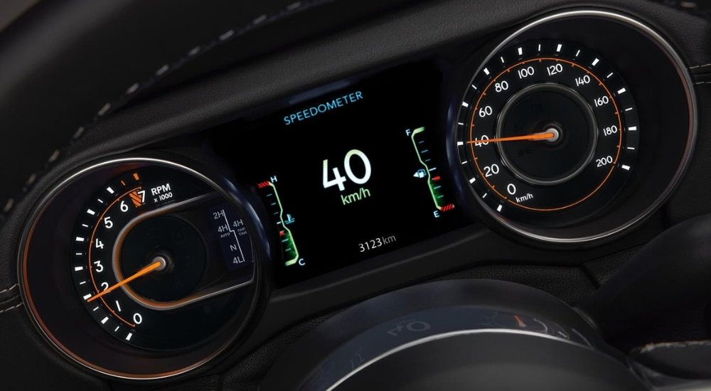 Digital gauges in a 2023 Jeep Wrangler.