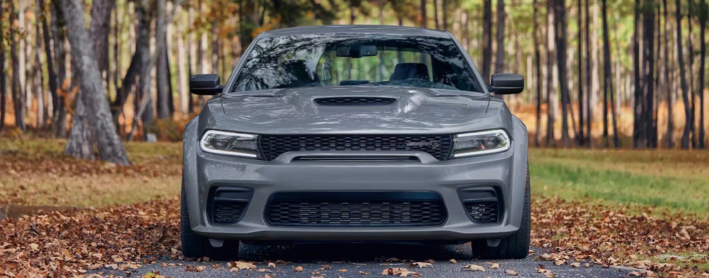 Head-on view of a grey 2023 Dodge Charger SRT parked in the woods.
